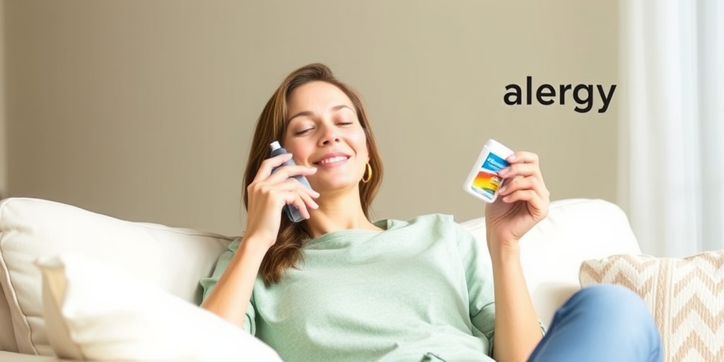 A relaxed person in a bright room using nasal spray and antihistamines, symbolizing effective management of seasonal allergies. 4.png