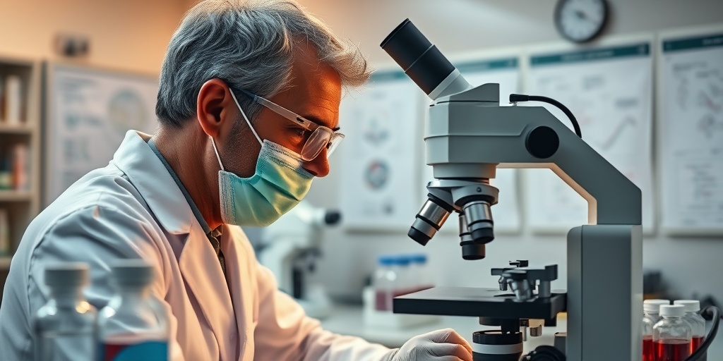 A scientist analyzing blood samples under a microscope in a warm-lit laboratory focused on Glucosyl Ceramide Lipidosis diagnosis.  3.png