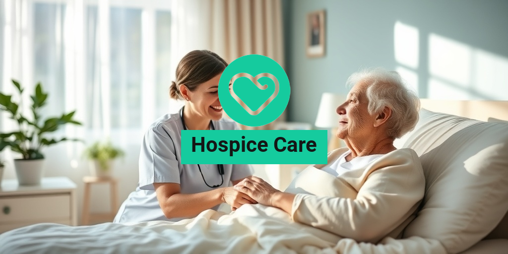 A serene hospice room with soft natural light, featuring a cozy bed and a compassionate caregiver holding a patient's hand. β’ Yesil Health AI