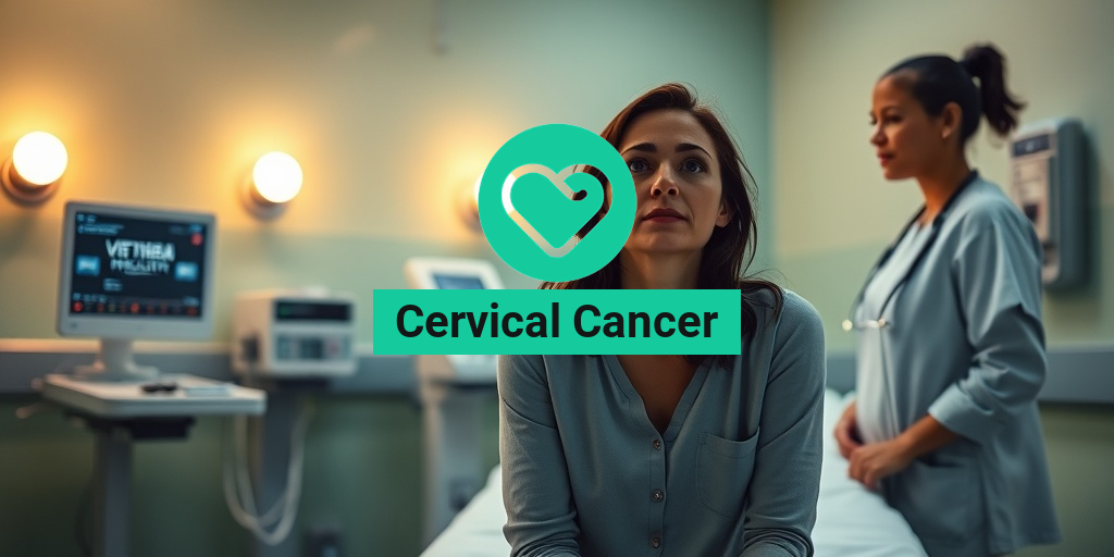 A serene hospital room with warm lighting, featuring a contemplative woman on an examination table surrounded by medical equipment. • Yesil Health AI