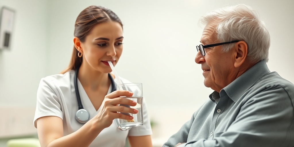 A speech therapist demonstrates swallowing techniques to a patient in a supportive clinical environment with soft green accents.  3.png