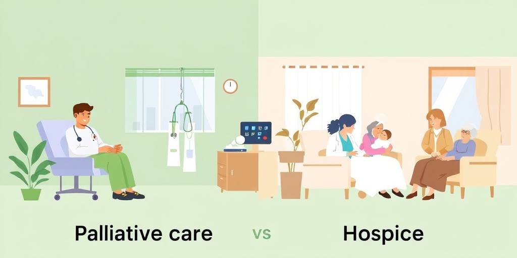 A split scene contrasting palliative care's vibrancy with hospice's comforting atmosphere, highlighting compassionate support.2.png