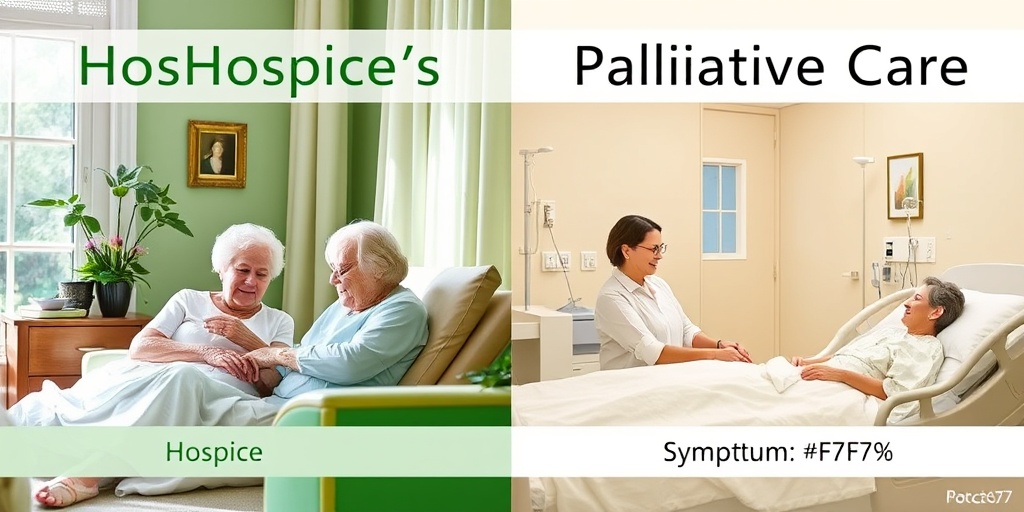 A split visual comparing hospice and palliative care, showcasing compassionate end-of-life care and hospital symptom management.  4.png