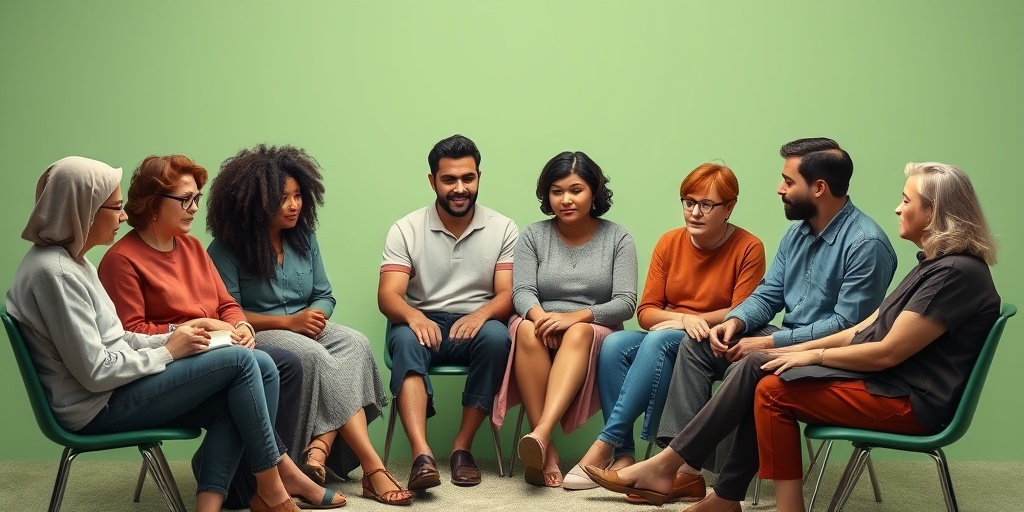 A support group meeting showcases diverse individuals sharing experiences, emphasizing community and resilience in a healing environment.  5.png