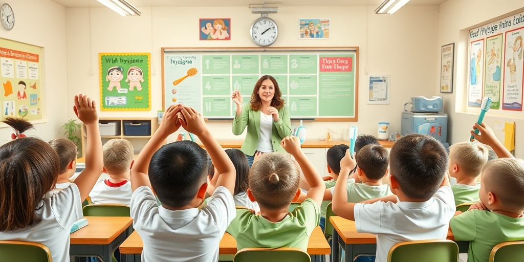 A teacher engages students in a lively classroom, promoting good hygiene practices with colorful posters and oversized toothbrushes. 4.png