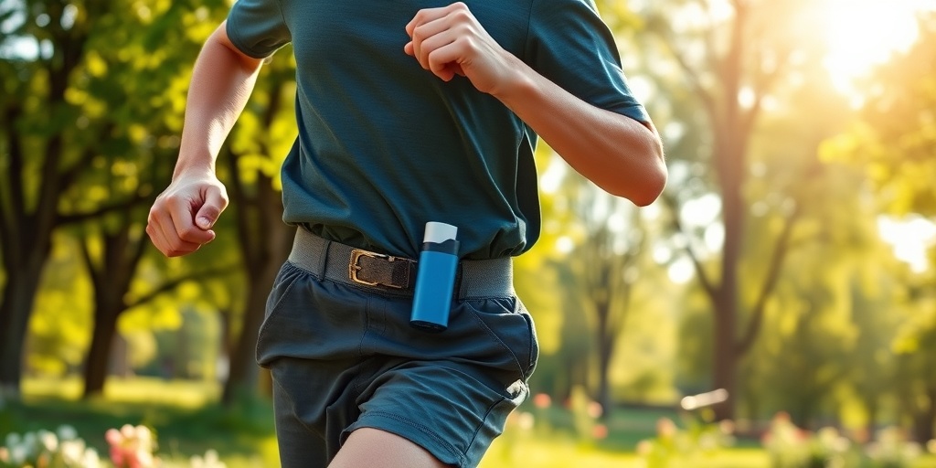 A teenager runs energetically in a park, with an inhaler clipped to their waistband amidst pollen.  3.png