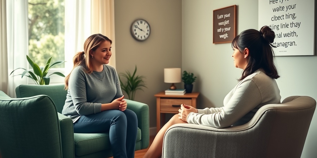 A therapist's office features a supportive conversation about weight management, emphasizing mental health and personal growth.4.png