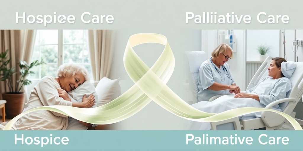 A visual comparison of hospice and palliative care, showcasing compassionate support and symptom management in harmonious scenes. 4.png