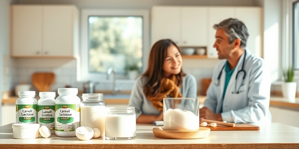 A well-lit kitchen scene featuring lactose-free products and a person consulting a healthcare professional about treatment options. 4.png