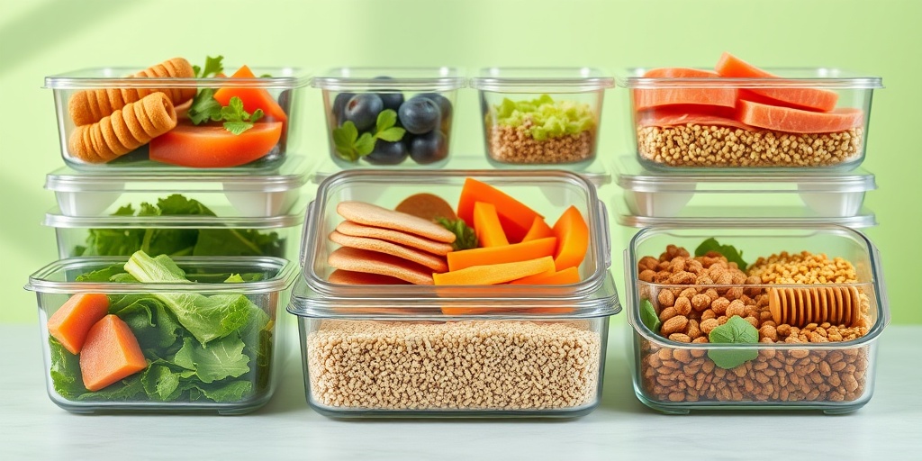 A well-organized meal prep station showcases healthy foods in clear containers, promoting mindful eating and portion control.3.png