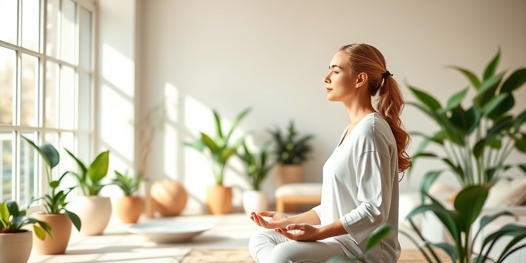 A woman practices holistic therapies like yoga and acupuncture in a serene wellness center, promoting alternative treatments.5.png