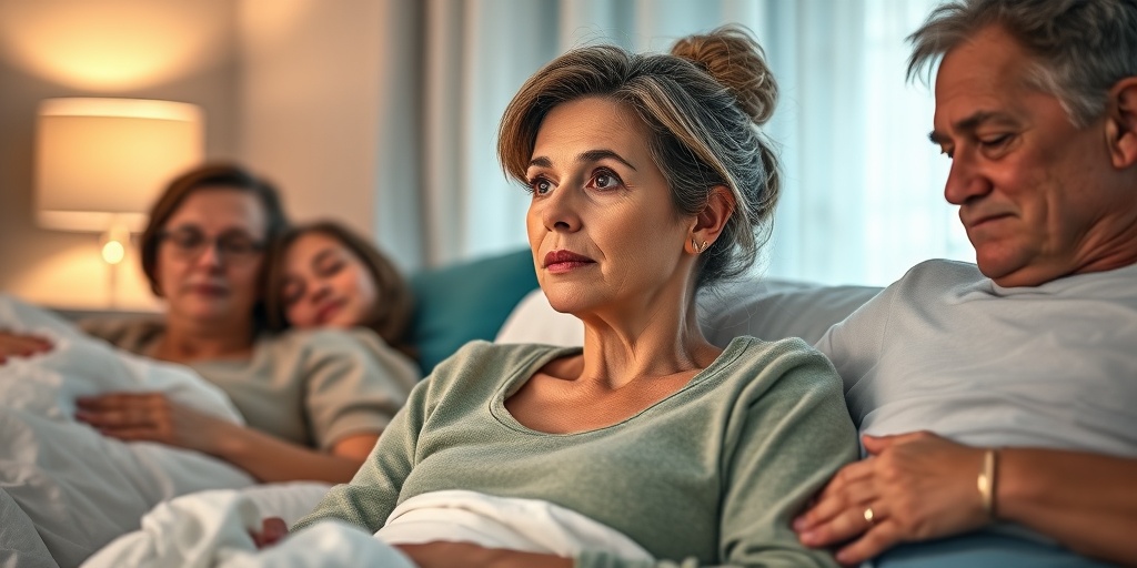 A woman recovers post-oophorectomy, supported by family in a cozy, well-lit room, emphasizing healing.4.png