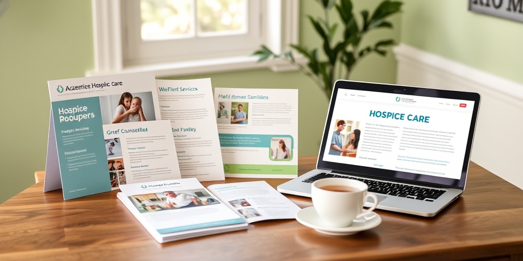 A wooden table displays hospice resources, including brochures and a laptop, set against a soft green wall and natural light. 5.png