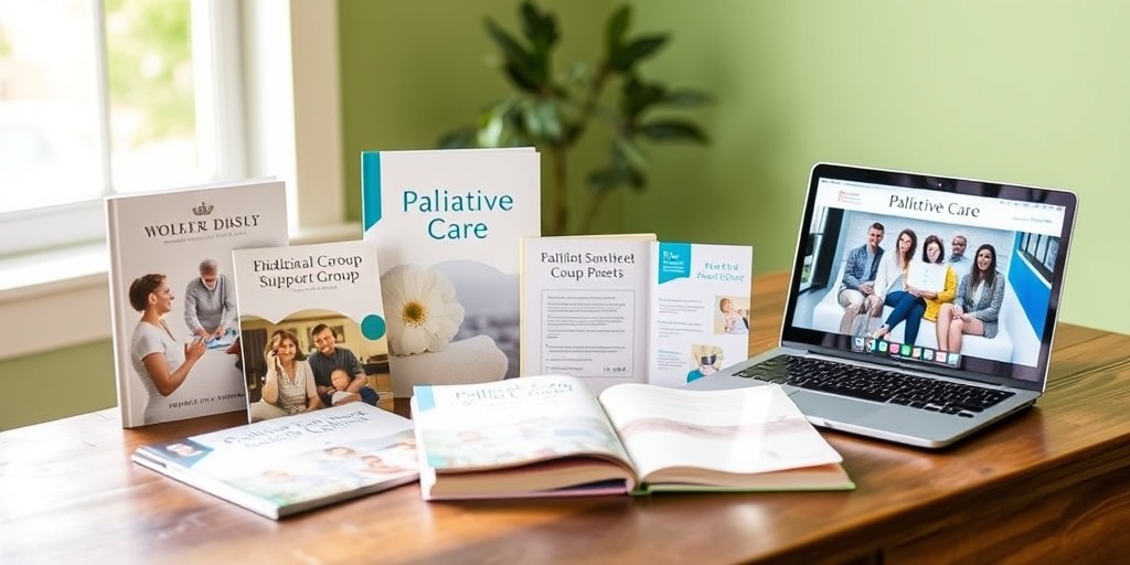 A wooden table displays palliative care resources, symbolizing education and support in a calming, inviting environment.5.png