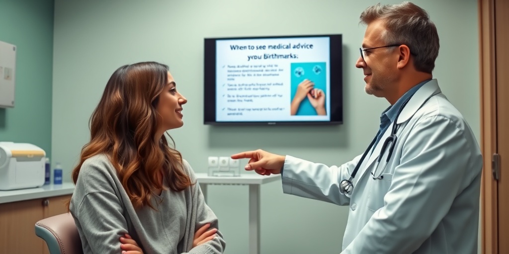 A young adult consults a doctor about birthmarks, with a digital screen providing essential medical information in a welcoming clinic.  4.png