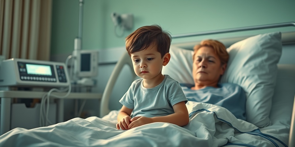 A young child in a hospital bed showing symptoms of summer encephalitis, with a concerned parent nearby.  2.png