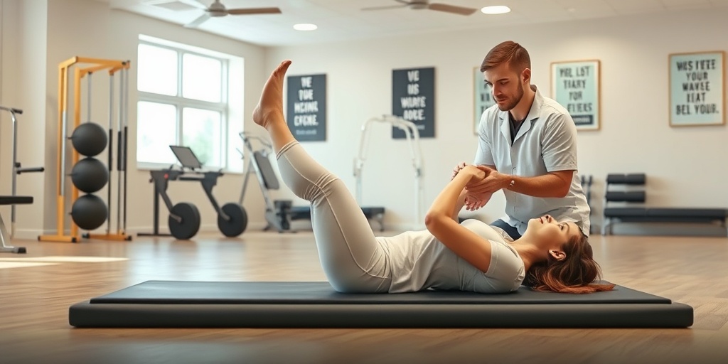 A young woman performs leg lifts under therapist guidance in a well-lit gym, surrounded by motivational elements.  4.png