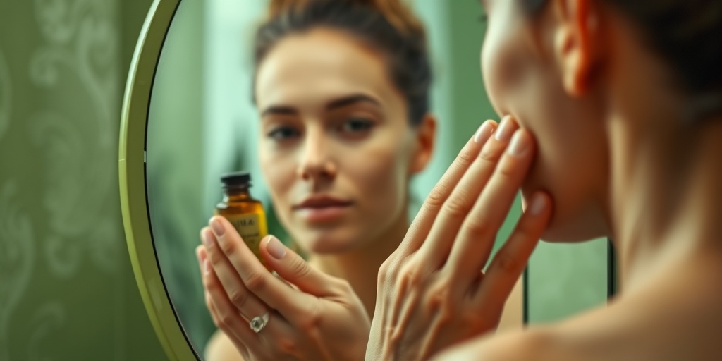 An individual examining rejuvenated skin in a mirror, showcasing the effectiveness of tea tree oil in a serene setting.  3.png