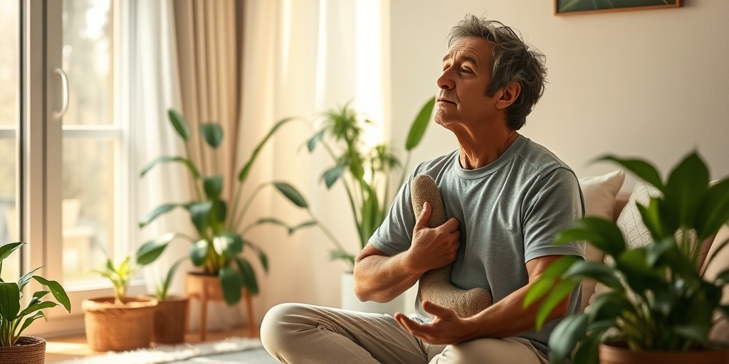 An individual practicing yoga at home, surrounded by plants, symbolizing resilience and healing while managing spastic colon.  5.png