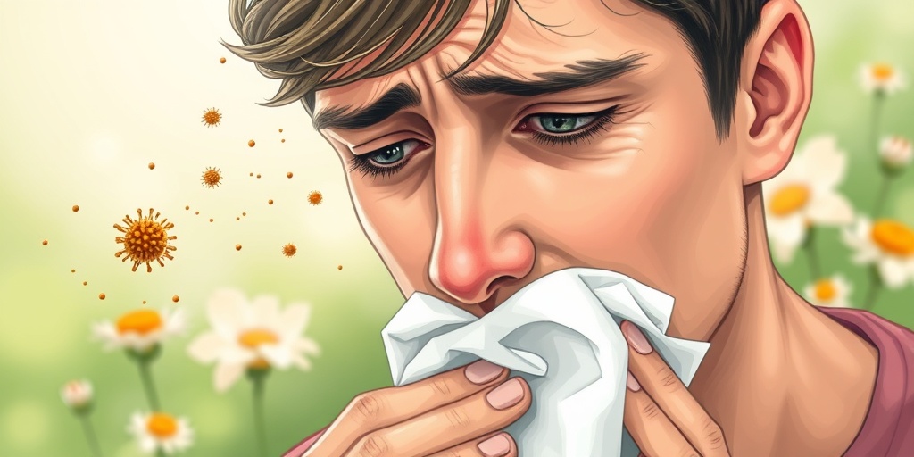 An individual sneezing into a tissue, distressed by pollen, with watery eyes and a red nose, illustrating allergy symptoms. 2.png