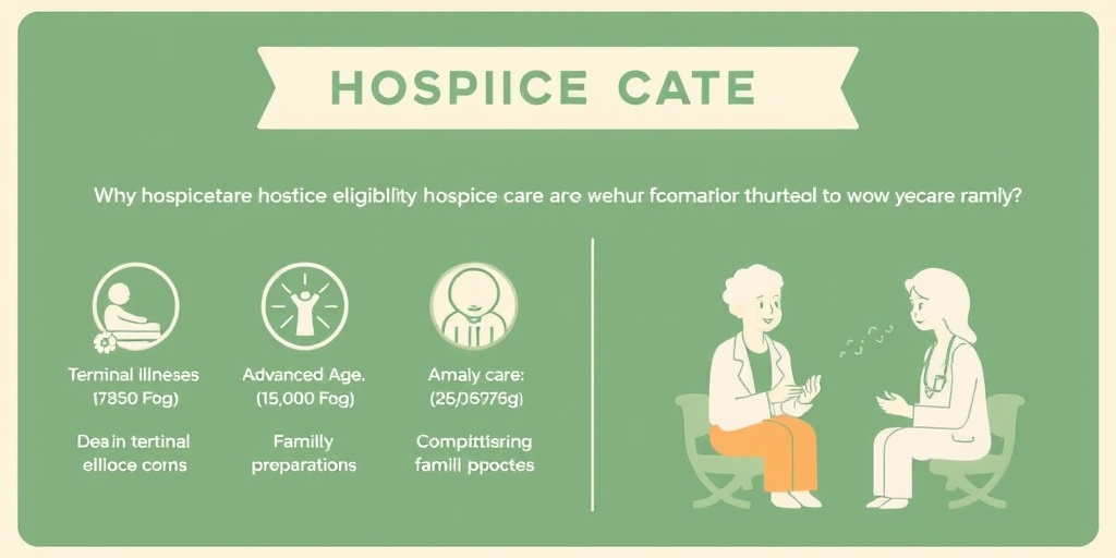 An infographic illustrating hospice care eligibility, with icons for conditions and a caregiver explaining the process to a family member.  3.png