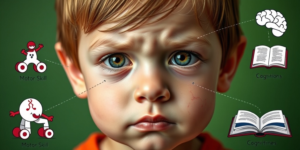 Close-up of a child's face showing neurological impairment, with thoughtful expression and symbols of challenges nearby.  2.png