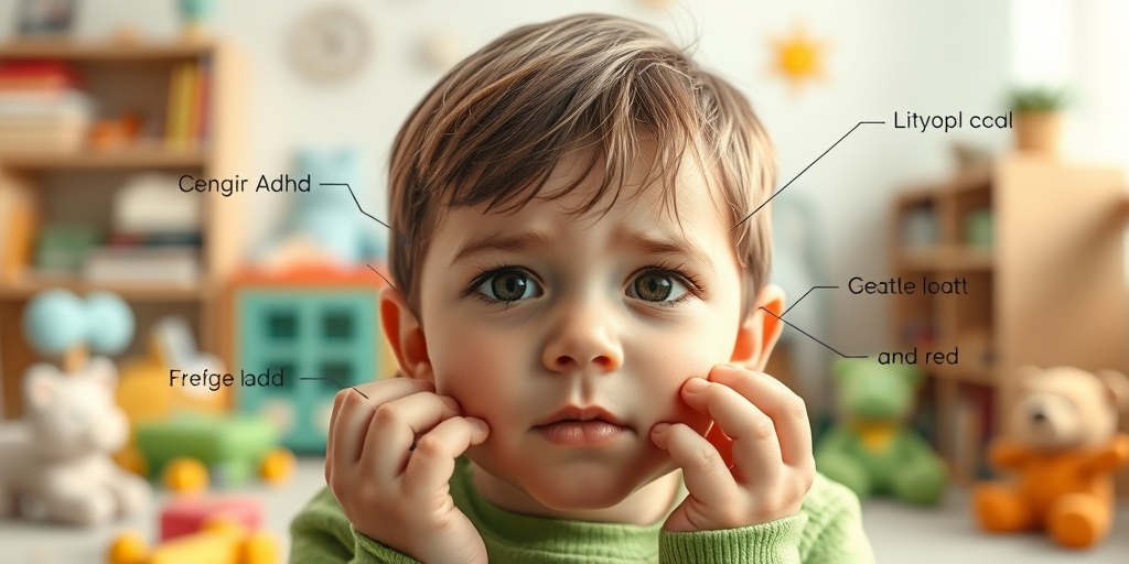 Close-up of a child's face showing signs of ADHD, with fidgeting hands and a distracted expression in a cozy room.  2.png