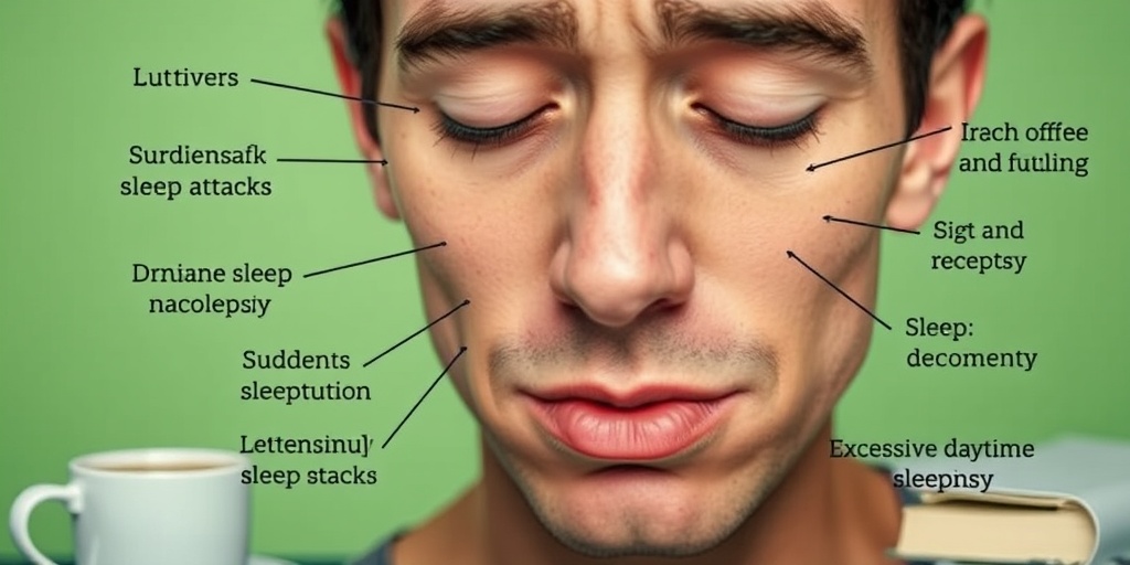 Close-up of a fatigued individual displaying narcolepsy symptoms, with dark circles and a resilient expression against a soft green background.  2.png