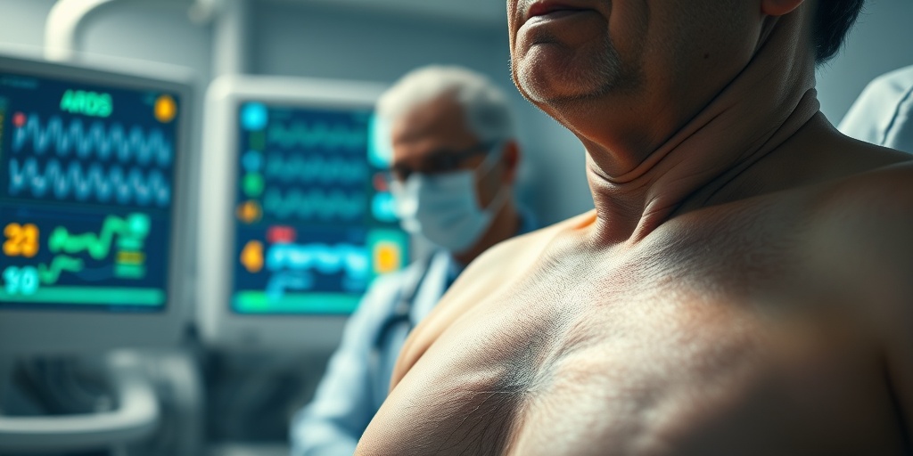 Close-up of a patient's chest shows labored breathing, with monitors displaying critical vital signs in a clinical setting.  2.png