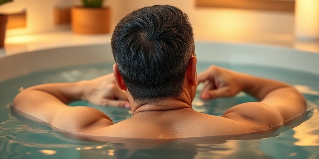 Close-up of a person in a warm pool, experiencing pain relief as jets massage their back, reflecting comfort.  3.png