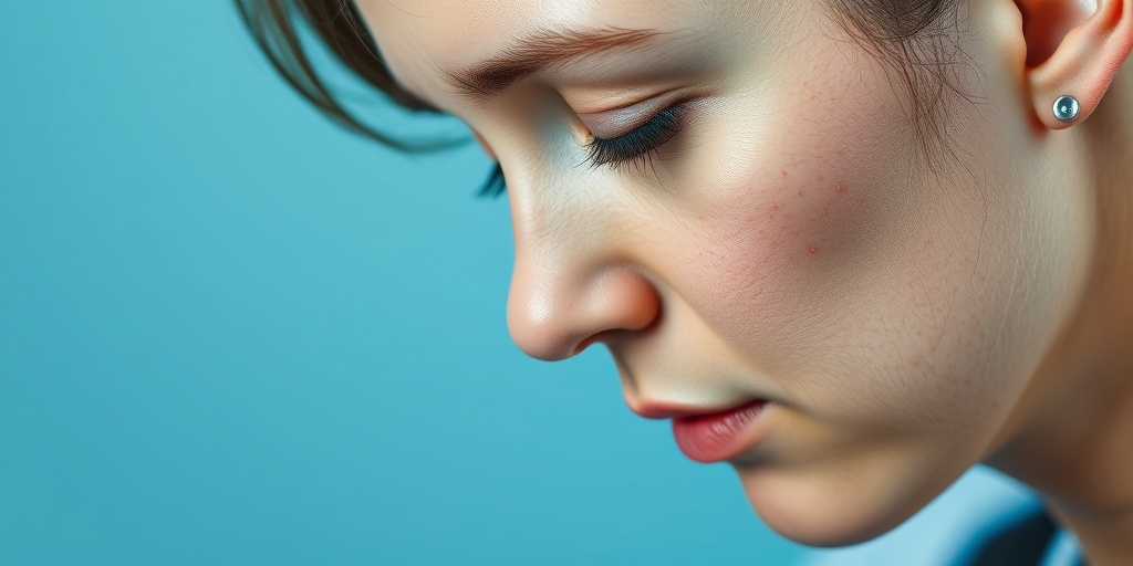 Close-up of a thoughtful child with TCS, highlighting downward-slanting eyes and a hearing aid against a soft blue background.  2.png