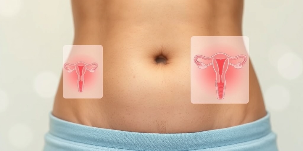 Close-up of a woman's abdomen with anatomical diagrams illustrating cervical cancer symptoms, set against a soft gradient background.  2.png