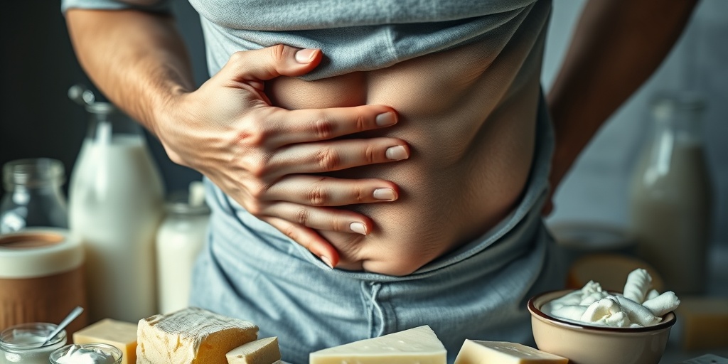 Close-up of an individual holding their stomach, surrounded by dairy products, expressing visible discomfort and concern. 2.png