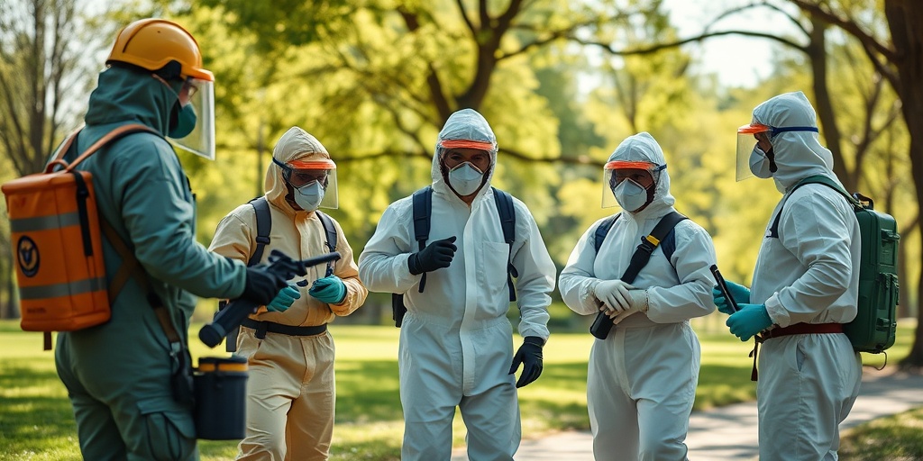 Community emergency response team conducts a training exercise in a park, practicing decontamination procedures with realistic equipment.4.png