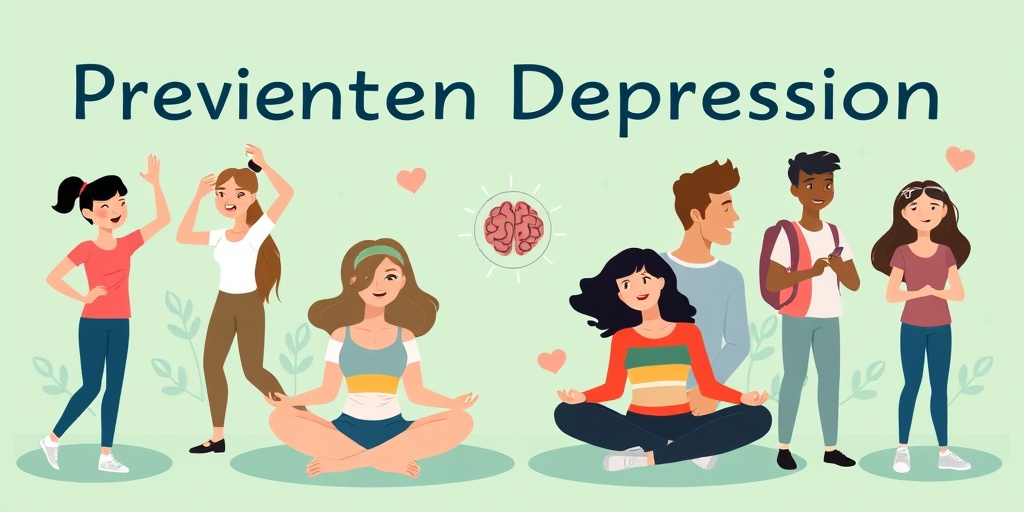 Diverse teens engage in healthy activities, smiling amidst calming colors, promoting resilience and preventive measures against depression.  5.png