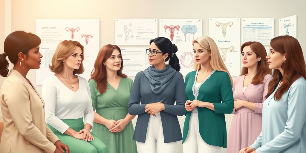 Diverse women discuss oophorectomy reasons in a supportive consultation room filled with medical charts.2.png