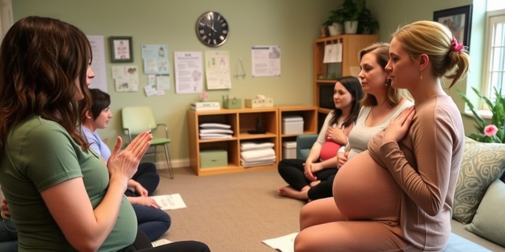 Expectant parents engage in a childbirth preparation class, learning breathing techniques from a knowledgeable doula.  3.png