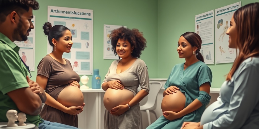 Expectant parents engaged in a prenatal consultation, discussing arhinencephaly with a healthcare professional in a supportive setting. 3.png