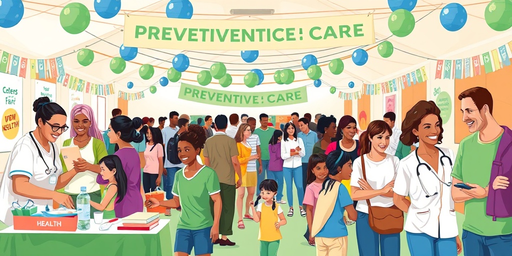 Families engage in health screenings and fitness activities at a vibrant community health fair, promoting preventive care and wellness.  3.png