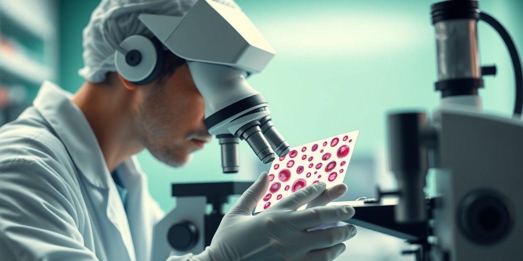 Healthcare professional examining blood samples under a microscope in a modern lab, highlighting details of blood cells.3.png