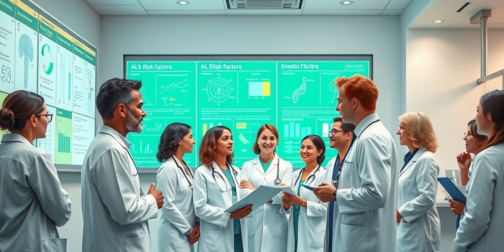 Healthcare professionals collaborate in a modern clinic, discussing ALS risk factors with medical charts and digital displays.  3.png