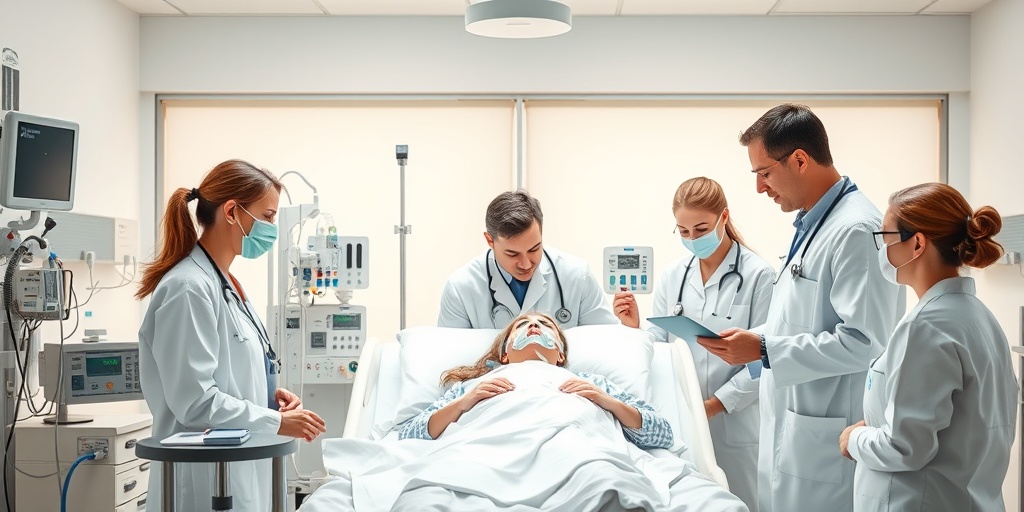 Healthcare professionals discuss ARDS treatment options at a patient's bedside, showcasing dedication and advanced medical equipment.  4.png