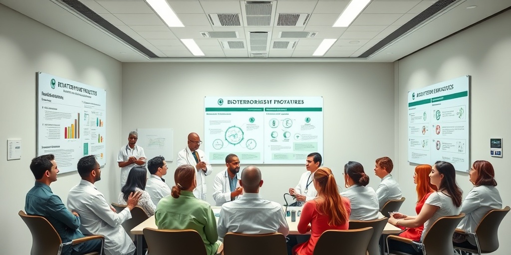Healthcare professionals discuss bioterrorism prevention strategies in a modern conference room, surrounded by informative charts and infographics.5.png
