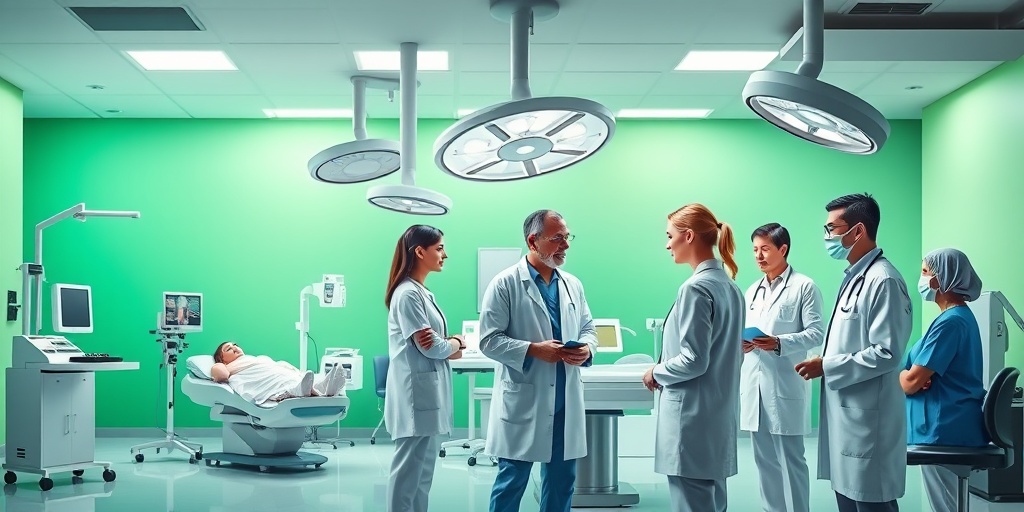 Healthcare professionals discuss lung carcinoid treatment options in a modern medical setting, surrounded by elements symbolizing healing and hope.4.png