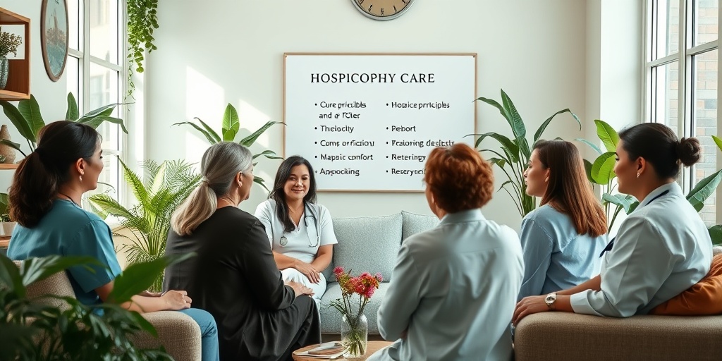 Healthcare professionals engaged in a heartfelt discussion in a cozy room, emphasizing the principles of hospice care.  2.png