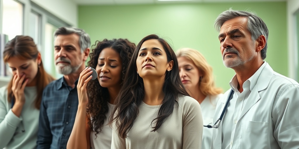 Individuals in a medical office express concern over lung carcinoid symptoms, with a soothing green backdrop enhancing their determination.2.png