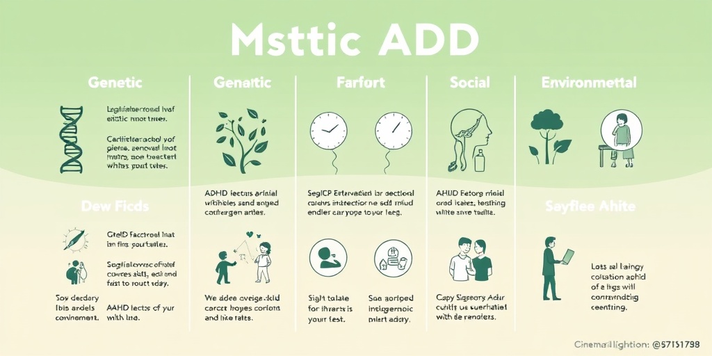 Infographic illustrating Pediatric ADHD risk factors, featuring icons against a calming green and white background for clarity.  3.png