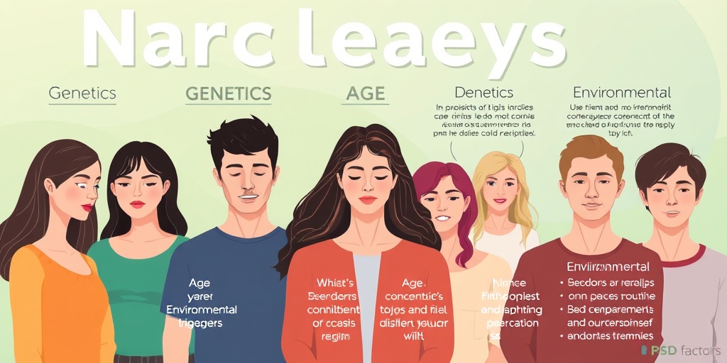 Infographic illustrating narcolepsy risk factors, featuring diverse individuals and a soothing green hue for an engaging visual experience.  3.png