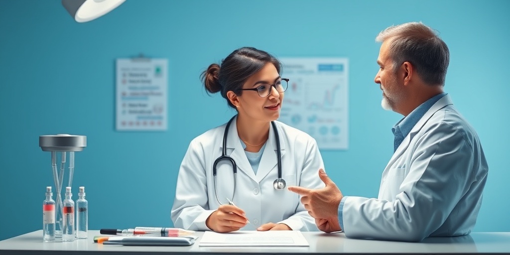 Medical professional discussing treatment options with a patient, featuring charts and tools in a calming blue clinical environment.  4.png