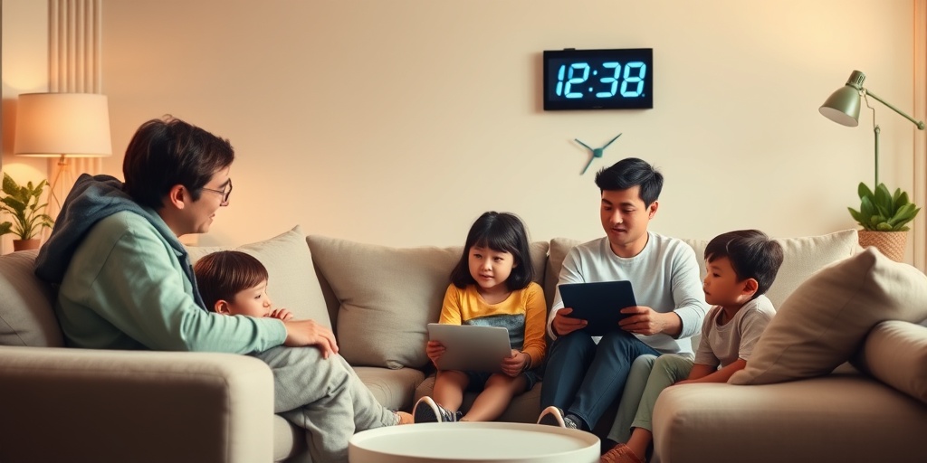 Parents and children discuss screen time guidelines in a cozy living room, fostering a warm atmosphere of understanding.  3.png